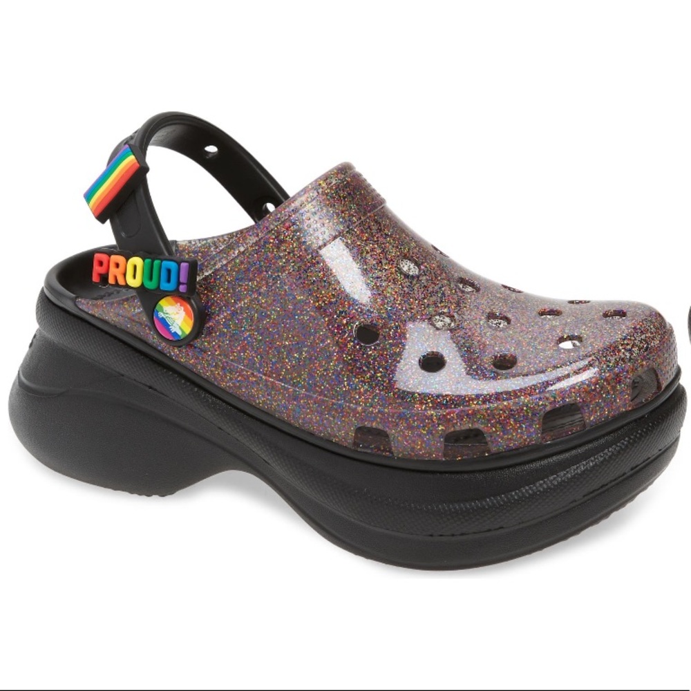 Crocs Classic Glitter Bae Platform Translucent Clogs Pride Jibbitz / 6